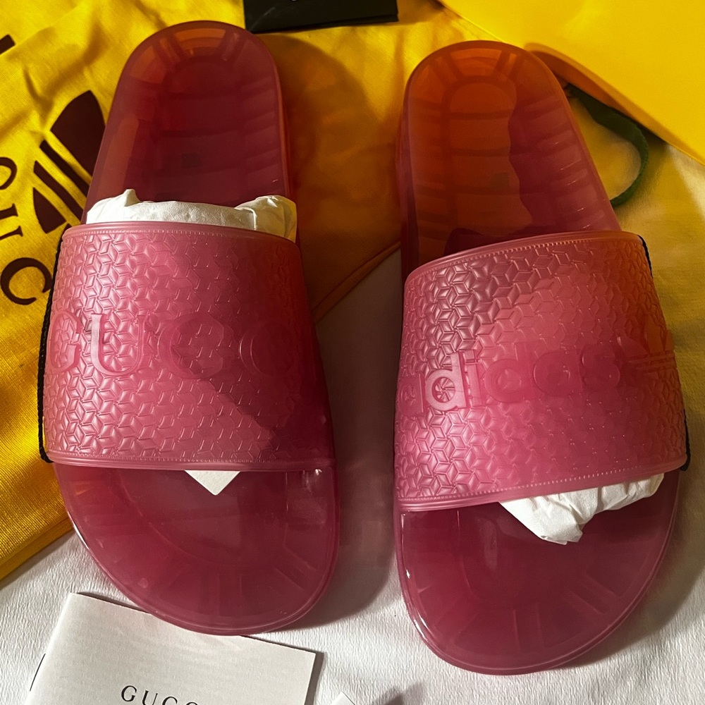 Gucci adidas women’s pink logo slides new authentic size 38 with box sandals